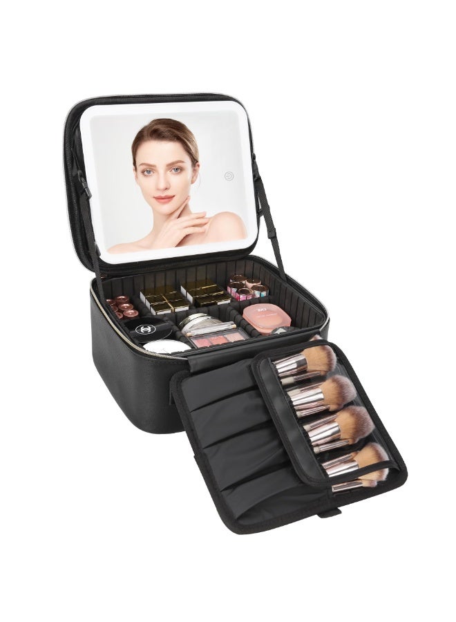 Travel Makeup Bag With LED Mirror, Cosmetic Train Case with Light up Mirror, Portable Makeup Artist Organizer Bag with Adjustable Dividers, Makeup Brush Holder Storage, Black - Image 1