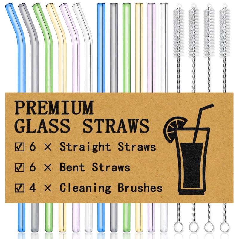 PitenoÂ® 16-Pack Reusable Glass Drinking Straws, 8.5''x10MM, Set of 6 Straight and 6 Bent with 4 Cleaning Brushes, Perfect for Smoothies, Milkshakes, Juice, Tea (Rainbow) - Image 1