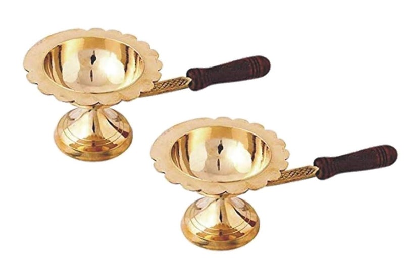 PUHUHP Dhoop Dani Kapoor Aarti Lamp Dhoop Stand with Wooden Handle Diya Diyas Oil Lamps Chirag Deepak for Aarti Diwali Navratras Lighting Hawan Puja Pooja Temple Home Office Pack of 2  - Image 1