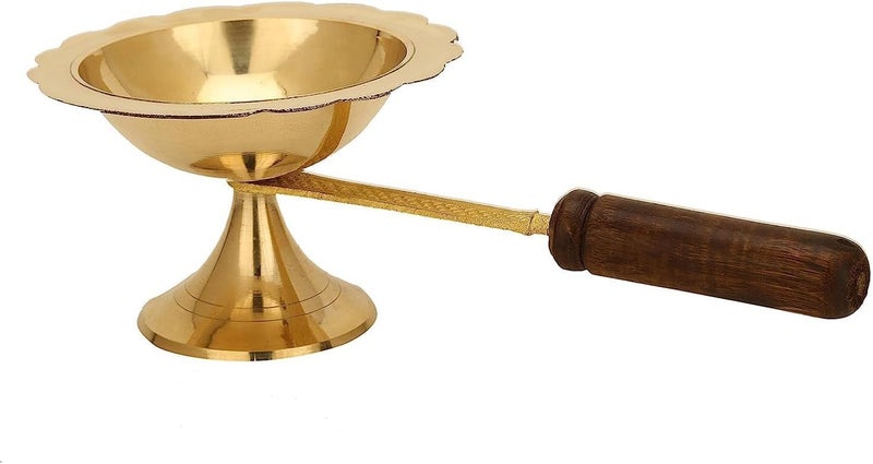 PUHUHP Dhoop Dani Kapoor Aarti Lamp Dhoop Stand with Wooden Handle Diya Diyas Oil Lamps Chirag Deepak for Aarti Diwali Navratras Lighting Hawan Puja Pooja Temple Home Office Pack of 2  - Image 3