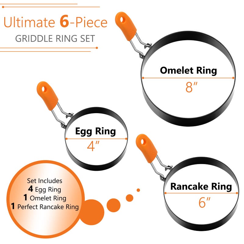 Patelai 6 Pcs Egg Ring Pancake Ring Set Stainless Steel Fried Egg Molds Griddle Pancake Shapers with Silicone Handle for Breakfast Omelette Sandwich (Round Style,4, 6, 8 Inch) - Image 2
