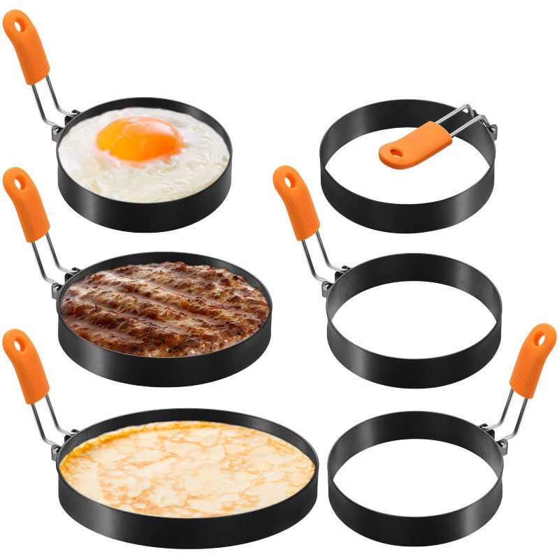Patelai 6 Pcs Egg Ring Pancake Ring Set Stainless Steel Fried Egg Molds Griddle Pancake Shapers with Silicone Handle for Breakfast Omelette Sandwich (Round Style,4, 6, 8 Inch) - Image 1