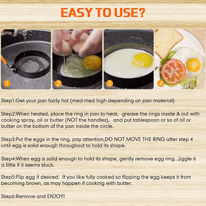 Patelai 6 Pcs Egg Ring Pancake Ring Set Stainless Steel Fried Egg Molds Griddle Pancake Shapers with Silicone Handle for Breakfast Omelette Sandwich (Round Style,4, 6, 8 Inch) - Image 5