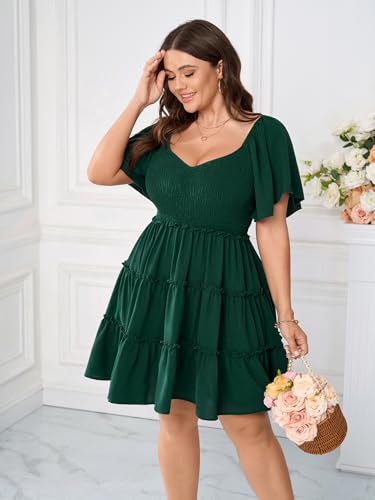 SHESTARR Womens Plus Size Casual Mini Dress Sweetheart Neckline Short Flutter Sleeve Smocked A Line Tiered Ruffle Dresses Emerald Green - Image 5