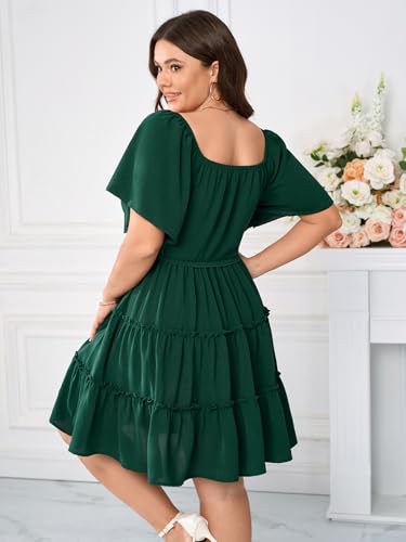 SHESTARR Womens Plus Size Casual Mini Dress Sweetheart Neckline Short Flutter Sleeve Smocked A Line Tiered Ruffle Dresses Emerald Green - Image 4