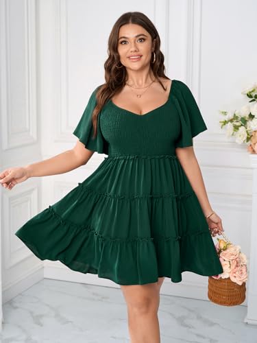 SHESTARR Womens Plus Size Casual Mini Dress Sweetheart Neckline Short Flutter Sleeve Smocked A Line Tiered Ruffle Dresses Emerald Green - Image 2