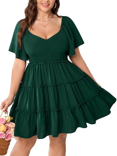 SHESTARR Womens Plus Size Casual Mini Dress Sweetheart Neckline Short Flutter Sleeve Smocked A Line Tiered Ruffle Dresses Emerald Green - Image 1