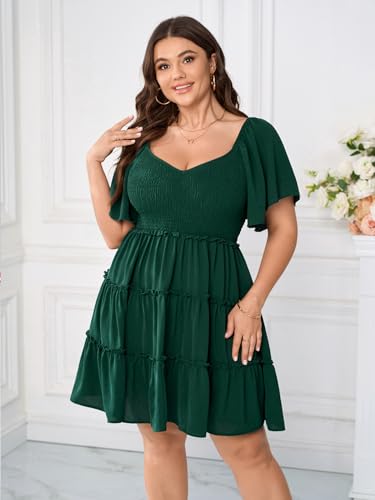 SHESTARR Womens Plus Size Casual Mini Dress Sweetheart Neckline Short Flutter Sleeve Smocked A Line Tiered Ruffle Dresses Emerald Green - Image 3