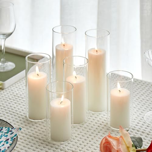 Set of 6 White Pillar Candles with Clear Glass Hurricane Holders Elegant Cylinder Candle Vases for Weddings Parties Centerpieces Home  Office Decor White 6 Set
