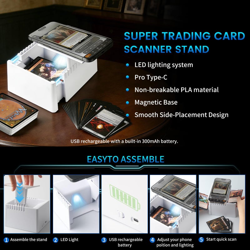 Buldoospok Card Scanner Stand Holder for Trading Cards, MTG, TCG, Sports Cards with LED Light and Base, ABS Material, USB-C Rechargeable MTG/TCG Card Scanner Machine (Non-3D Print, No Sleeved) - Image 5