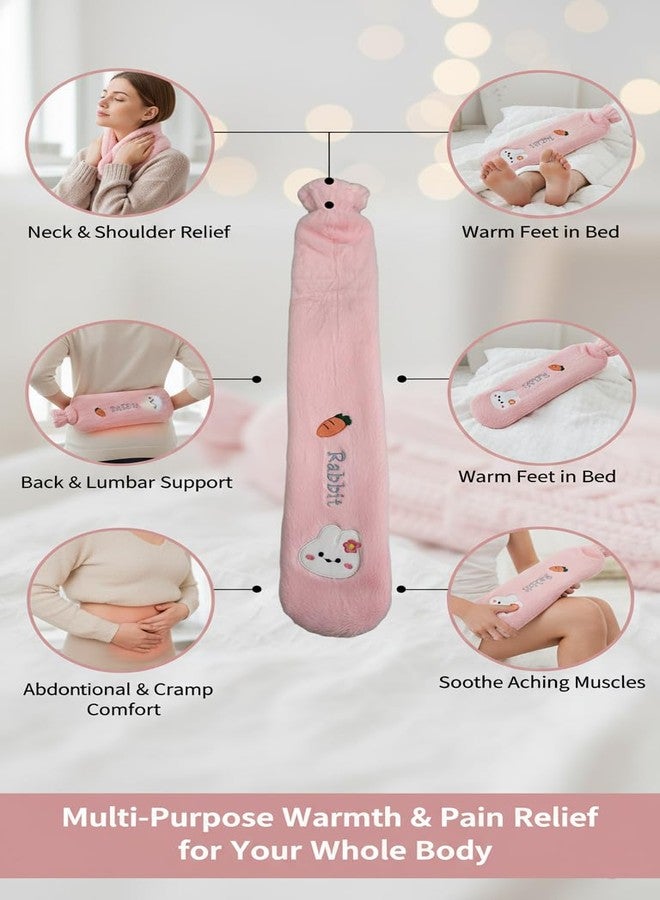MENOVAS Hot Water Bottle with Soft Cover - Long Hot Water Bag for Period Cramps, Leak-Proof 2L Large Hot Water Bottles with Bag, Natural Rubber + Bed Bottle Fluffy, Gifts for Men Women (Rabbit-Pink) - Image 4