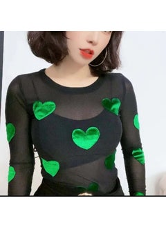 Generic Womens Slim Fit Printed Micro Translucent Base Shirt Fashionable Korean Style round Neck Long Sleeve T-Shirt Autumn Winter green printing love 