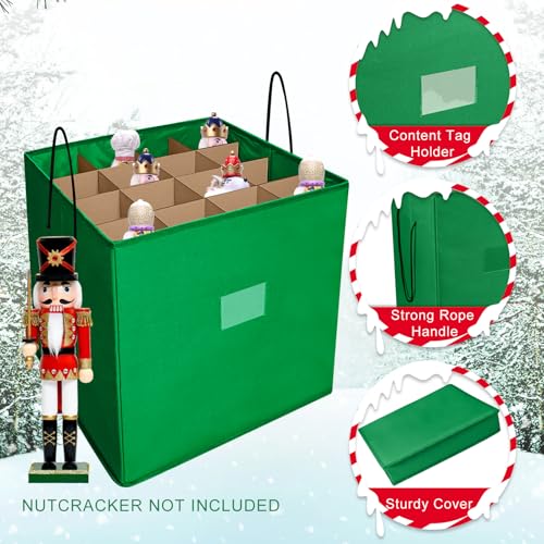 Tngan Christmas Nutcracker and Figurine Collectible Storage Box, Fits 16 Holiday Ornaments, Stores Up to 16" Tall Ornaments, Holiday Decor Organizer with Dividers, Nutcracker not Included(Green) - Image 2