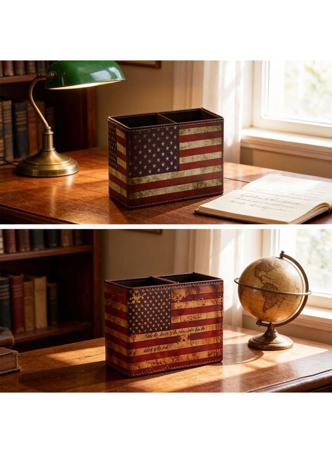 koofull Vintage Desk Organizer Desktop PU Leather Retro Supplies Patriotic Decor Pen Pencil Holder Caddy Cup Office Home School Classroom Accessories (American Flag) - Image 5