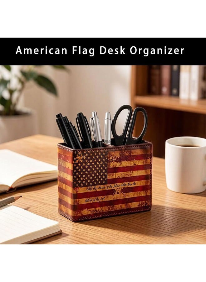 koofull Vintage Desk Organizer Desktop PU Leather Retro Supplies Patriotic Decor Pen Pencil Holder Caddy Cup Office Home School Classroom Accessories (American Flag) - Image 4