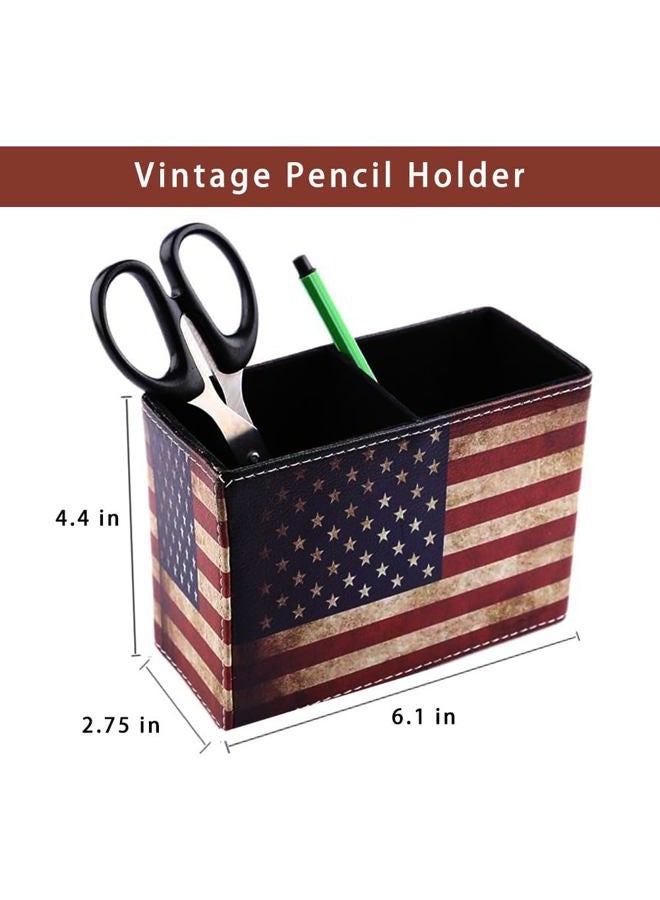 koofull Vintage Desk Organizer Desktop PU Leather Retro Supplies Patriotic Decor Pen Pencil Holder Caddy Cup Office Home School Classroom Accessories (American Flag) - Image 2