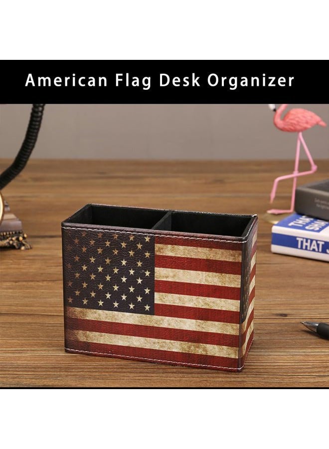 koofull Vintage Desk Organizer Desktop PU Leather Retro Supplies Patriotic Decor Pen Pencil Holder Caddy Cup Office Home School Classroom Accessories (American Flag) - Image 3