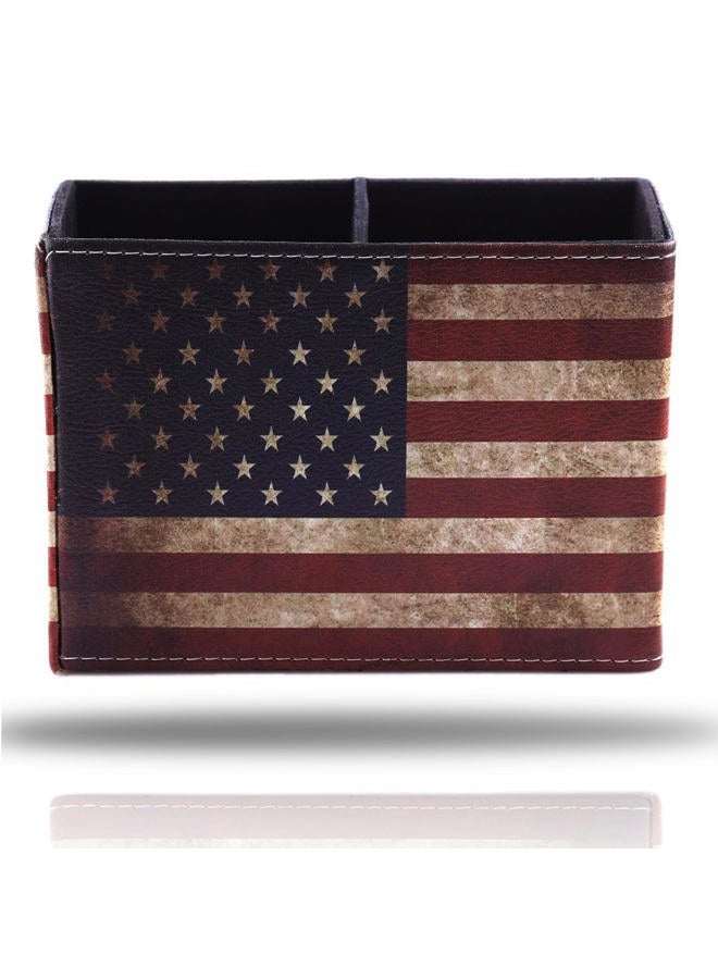 koofull Vintage Desk Organizer Desktop PU Leather Retro Supplies Patriotic Decor Pen Pencil Holder Caddy Cup Office Home School Classroom Accessories (American Flag) - Image 1