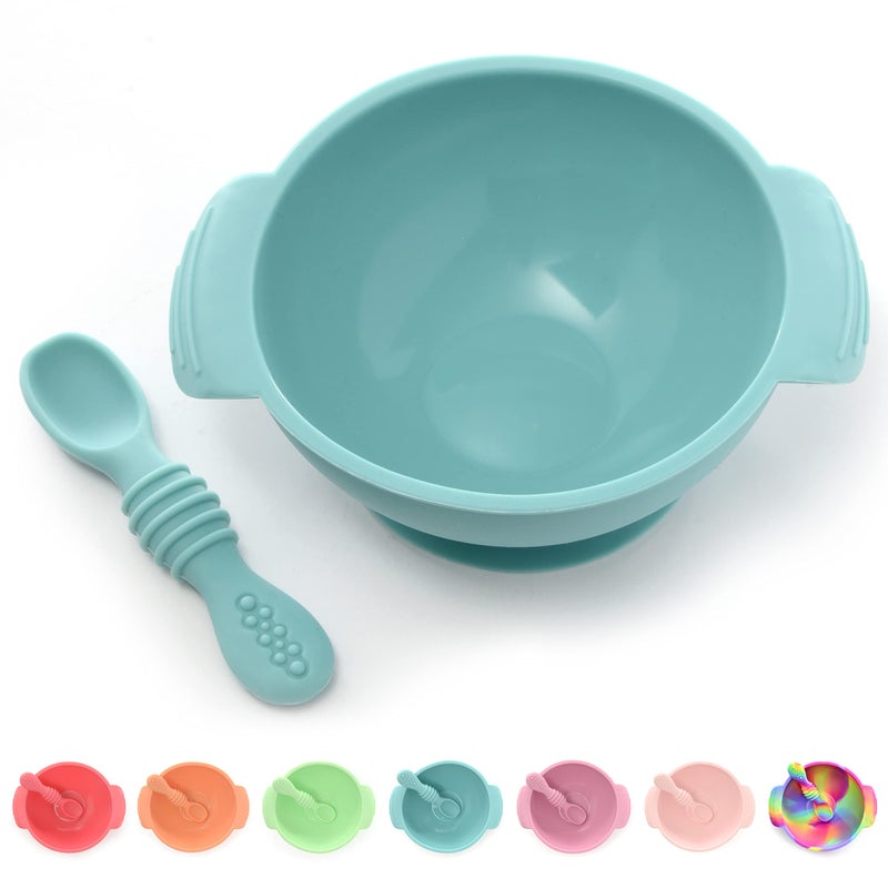 PrimaStella Unbreakable Silicone NonSlip Bowl and Chew Spoon Set for Babies and Toddlers Blue