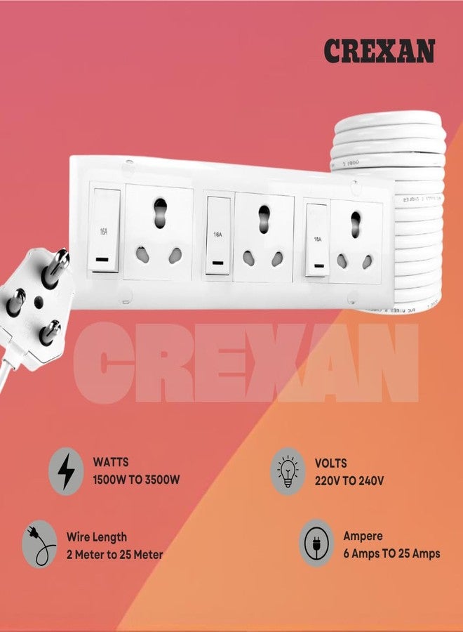 CREXAN لوحة تمديد كهربائية من كريكسان 16 أمبير مزودة بثلاثة مفاتيح ومآخذ كهربائية مع أغطية أمان | شريط طاقة شديد التحمل 2.5 مم² | سلك تمديد 3500 واط مع واقي من زيادة التيار | 220-240 فولت | للاستخدام المنزلي والتجاري (2 متر) - Image 2