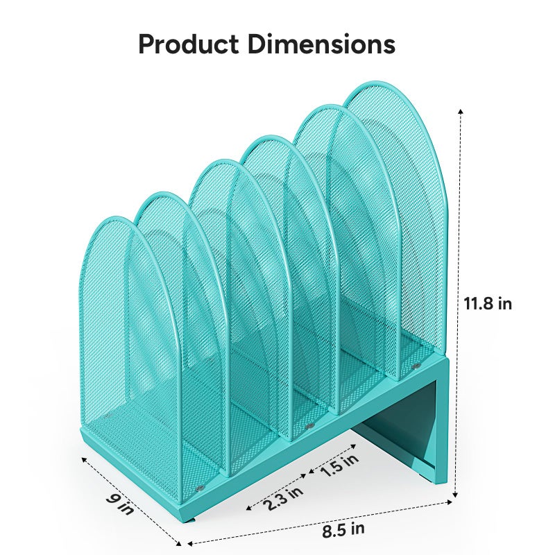 OUTIOE 5-Section Desk File Organizer, Metal Mesh Folder Organizer for Documents, Mail & Office Papers (Blue) - Image 4