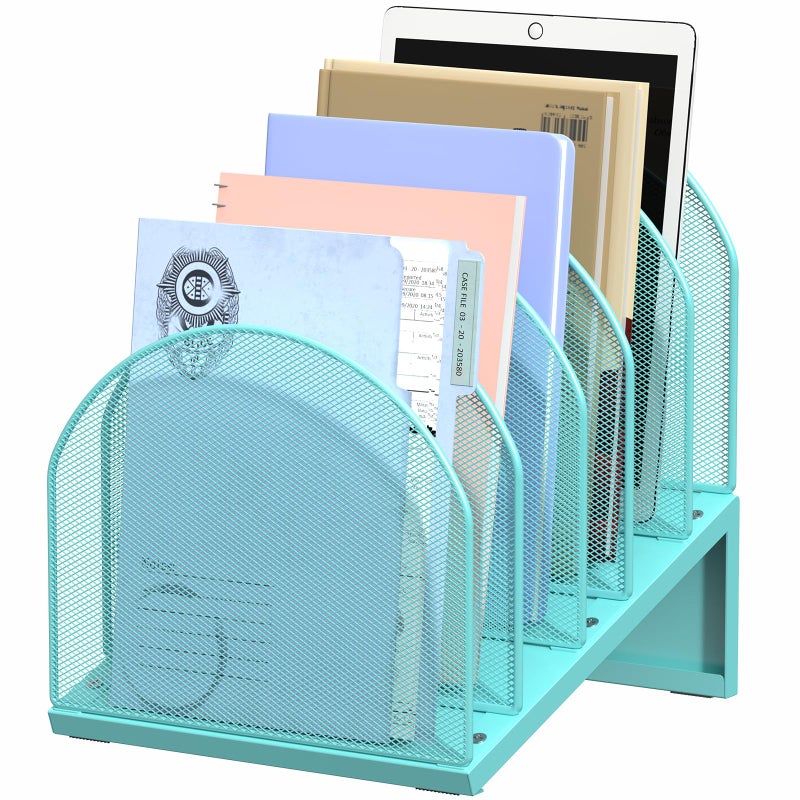 OUTIOE 5-Section Desk File Organizer, Metal Mesh Folder Organizer for Documents, Mail & Office Papers (Blue) - Image 1