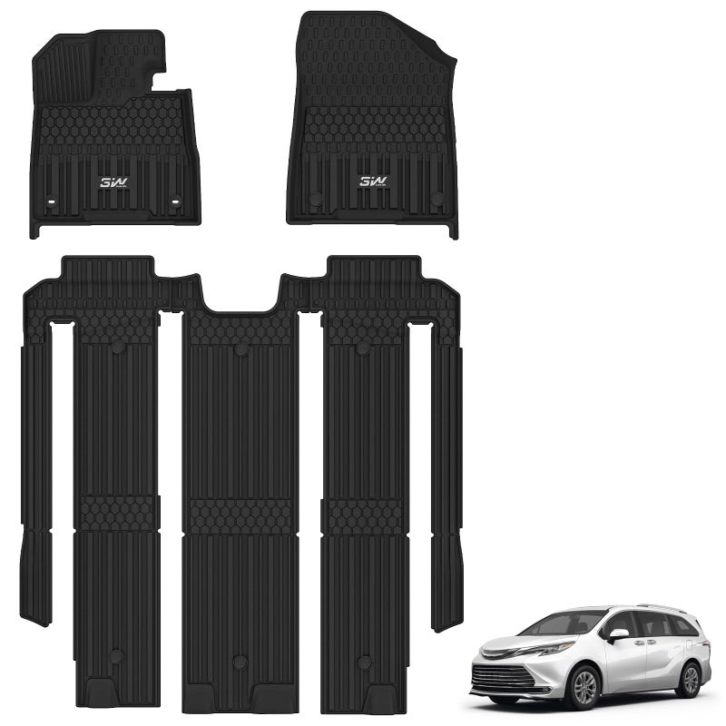 حصائر أرضية 3W تناسب تويوتا سيينا 2021-2025 فقط لـ 7 مقاعد لا تناسب إصدار بلاتينيوم 2025 بطانة أرضية مخصصة لجميع الأحوال الجوية من TPE لتويوتا سيينا الصف الأول والثاني والثالث باللون الأسود