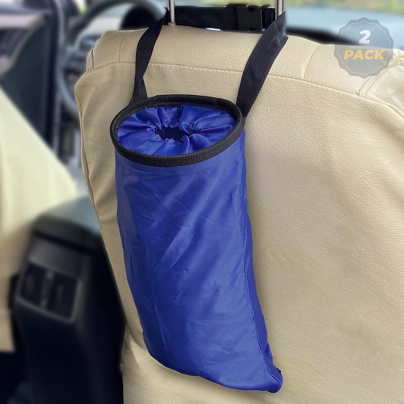 EcoNour 2 Pack Blue Car Trash Bag  Washable Back Seat Hanging Bag with Elastic Opening  Easy Mount  Garbage Can with Waterproof Oxford Material  Accessories for Camping Traveling  Outdoor