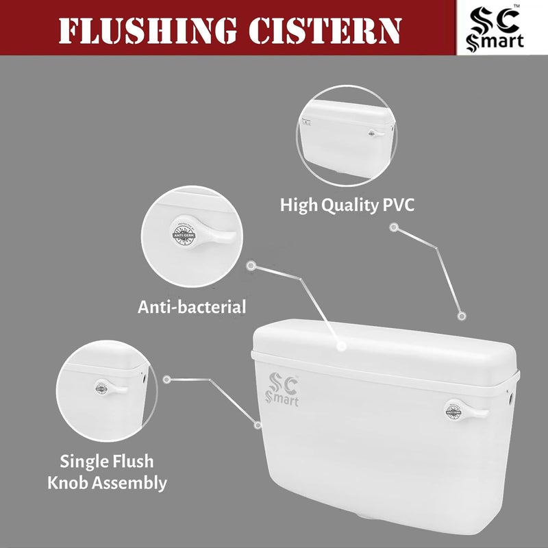 SC SMART Side Handle Flush Tank WaterSaving Toilet Flush Mechanism Durable LeakProof Universal Fit for Bathrooms White 44CM X 29CM X 115CM - Image 4