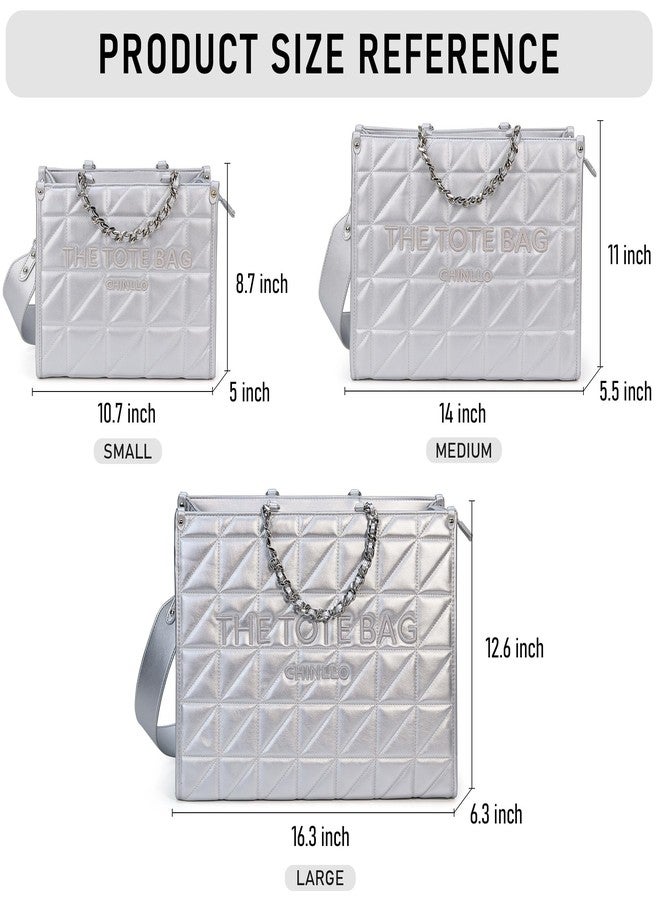 Chinllo Tote Bag for Women, Quilted Chains Stachel Purse and Handbags with Shoulder Strap (E.Silver-M) - Image 3