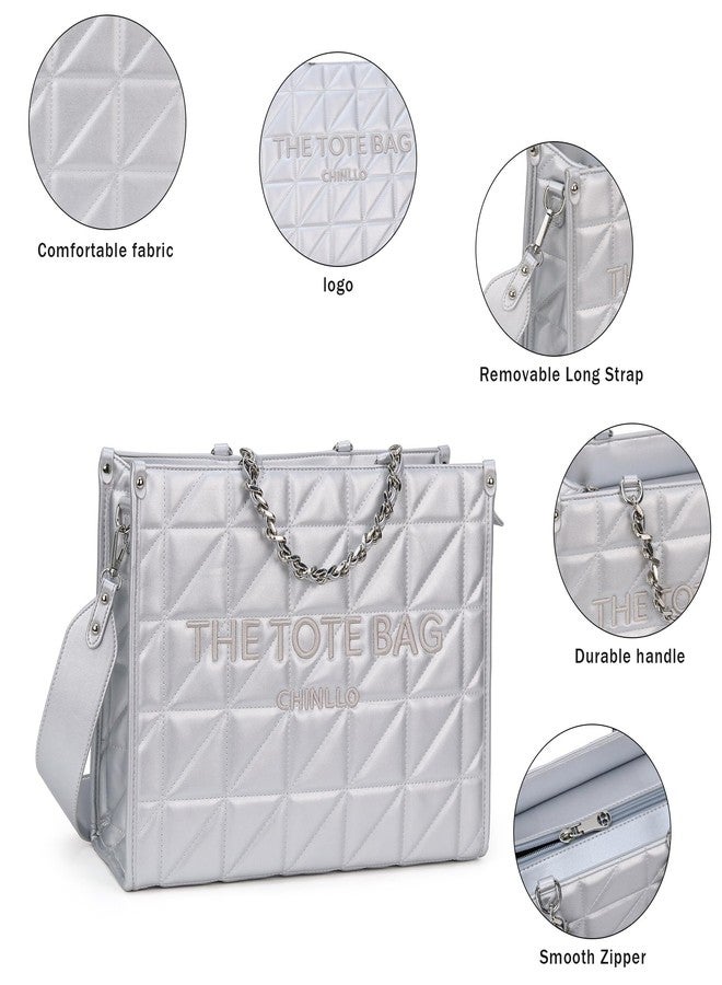 Chinllo Tote Bag for Women, Quilted Chains Stachel Purse and Handbags with Shoulder Strap (E.Silver-M) - Image 4