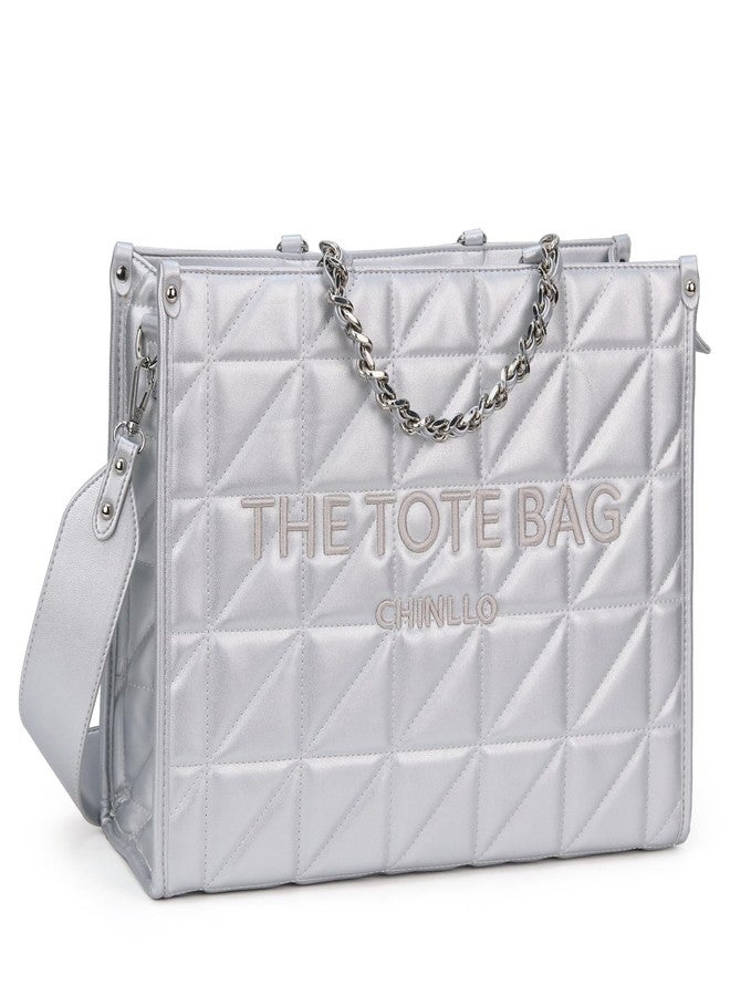 Chinllo Tote Bag for Women, Quilted Chains Stachel Purse and Handbags with Shoulder Strap (E.Silver-M) - Image 1