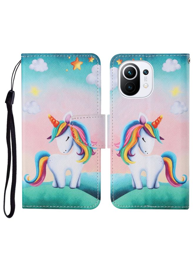 HuHa Case Cover For Xiaomi Mi 11 Colored Drawing Pattern Horizontal Flip Leather Case with Holder & Card Slots & Wallet & Lanyard Rainbow Unicorn 