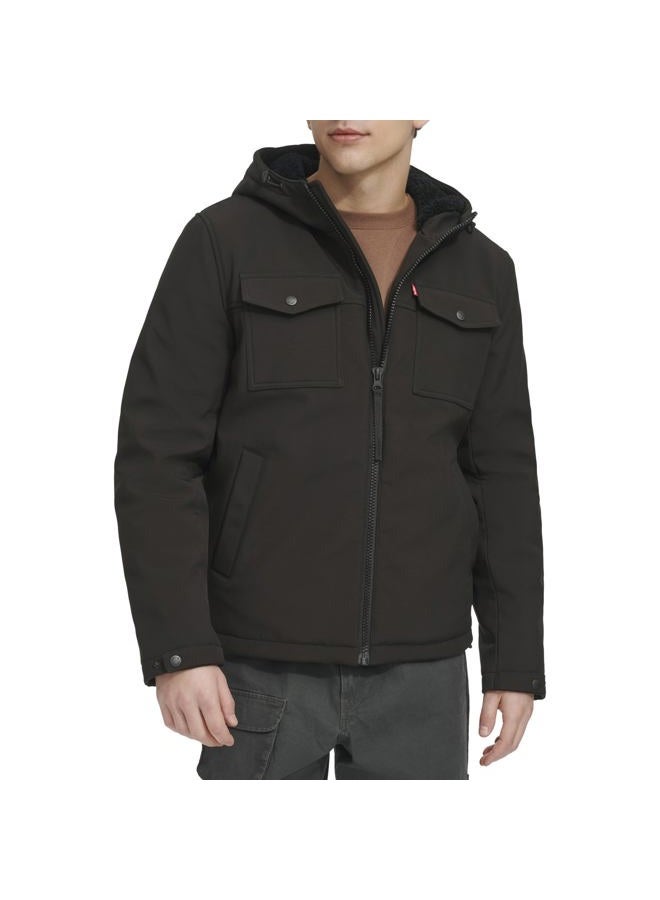 Levi's Men's Soft Shell Two Pocket Sherpa Lined Hooded Trucker Jacket, Black Tech, Large - Image 1