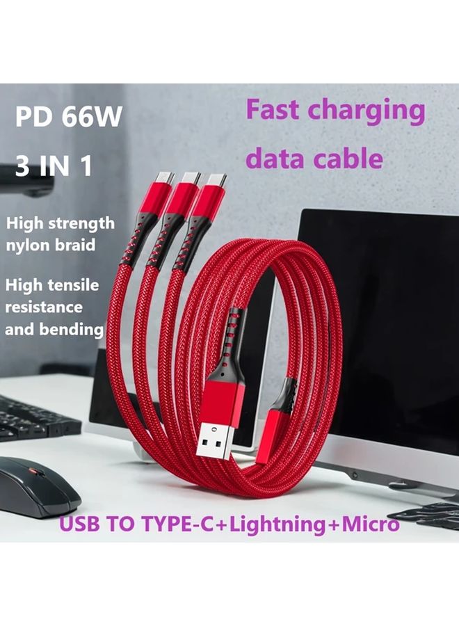 Red Nylon Braided 66W Fast Charging Cable 3 In 1 USB To Type C Micro Lightning - Image 1