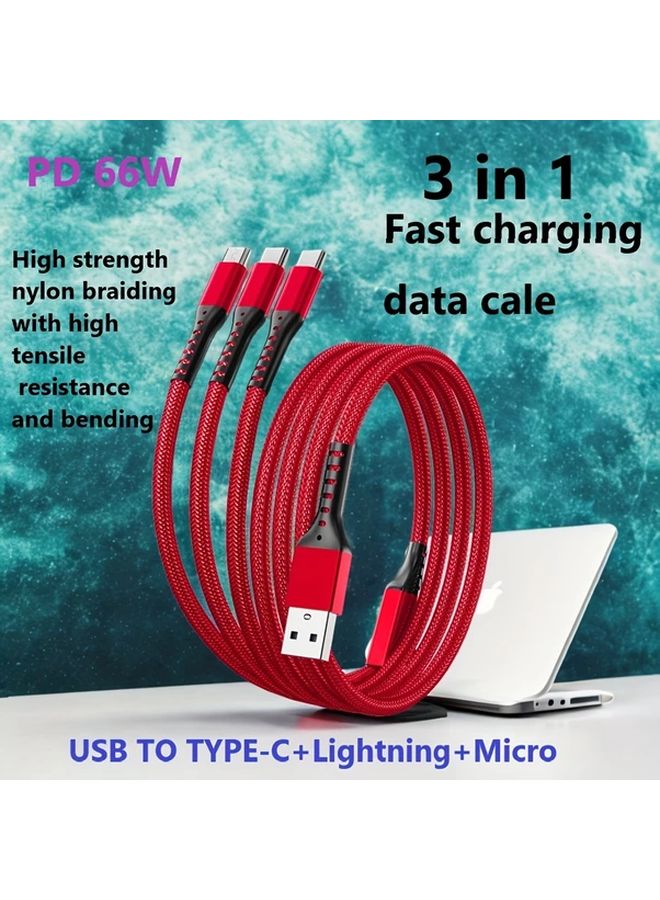 Red Nylon Braided 66W Fast Charging Cable 3 In 1 USB To Type C Micro Lightning - Image 3