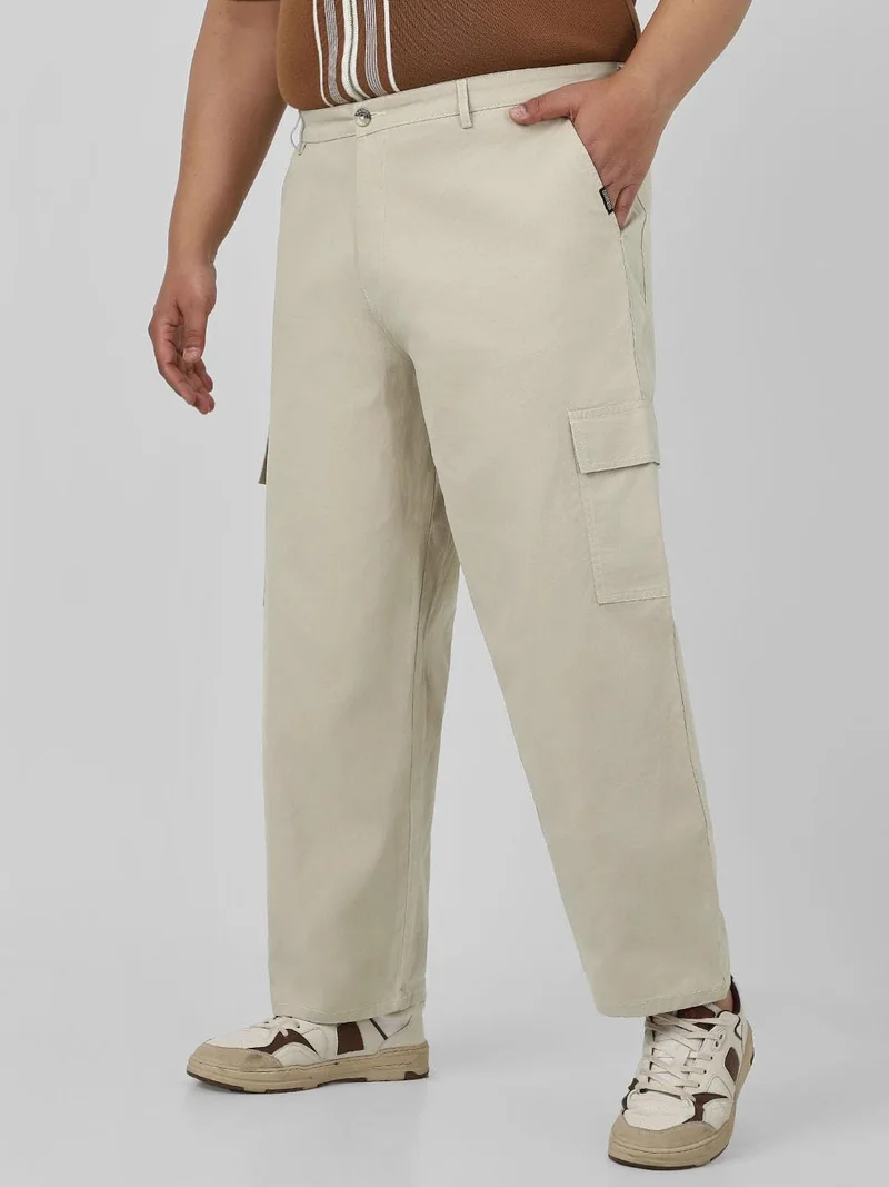 Urbano Fashion Urbano Plus Men's Cream Loose Baggy Fit Solid Cargo Chino Pant with 6 Pockets Non-Stretchable