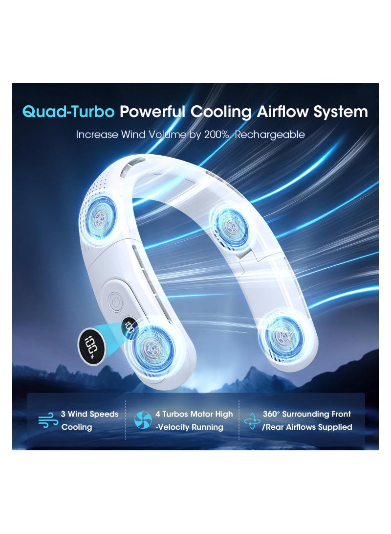 general Neck Fan,Rechargeable 4 Turbo 6000mAh Portable Neck Fan 360° Cooling Airflow 3 Speeds LED Battery Display Foldable Bladeless Neck Fan Personal Fan Gift for Work,Travel,Outdoor Activities White - Image 2
