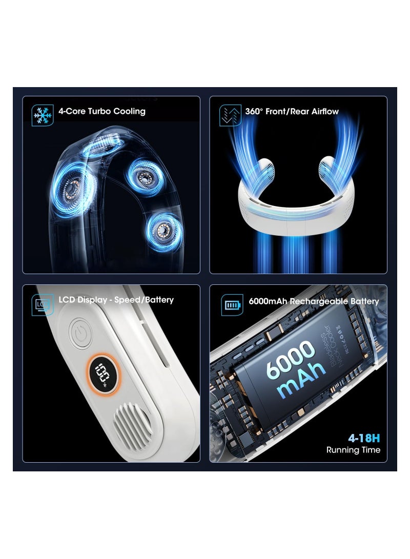 general Neck Fan,Rechargeable 4 Turbo 6000mAh Portable Neck Fan 360° Cooling Airflow 3 Speeds LED Battery Display Foldable Bladeless Neck Fan Personal Fan Gift for Work,Travel,Outdoor Activities White - Image 3