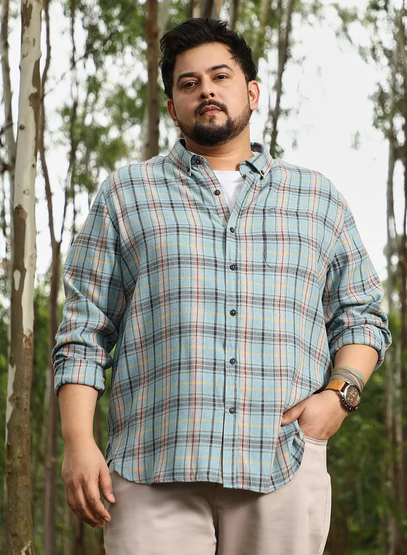 انستافاب بلس Instafab Plus Men Button-Down Plaid Shirt | Button-Down Collar , Long Cuffed Sleeves | Button Closure , Curved Hem | Checks Jacquard | Woven Fabric For Casual & Daily Wear | Misty Blue