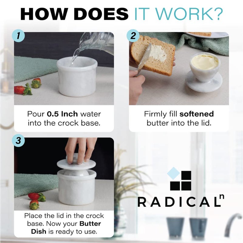 Radicaln Marble Butter Keeper 4.25'' Inches White Handmade French Butter Holder For Kitchen Counter Decor Ideal Butter Dish ButterBell & Butter Crock For Kitchen - Image 3