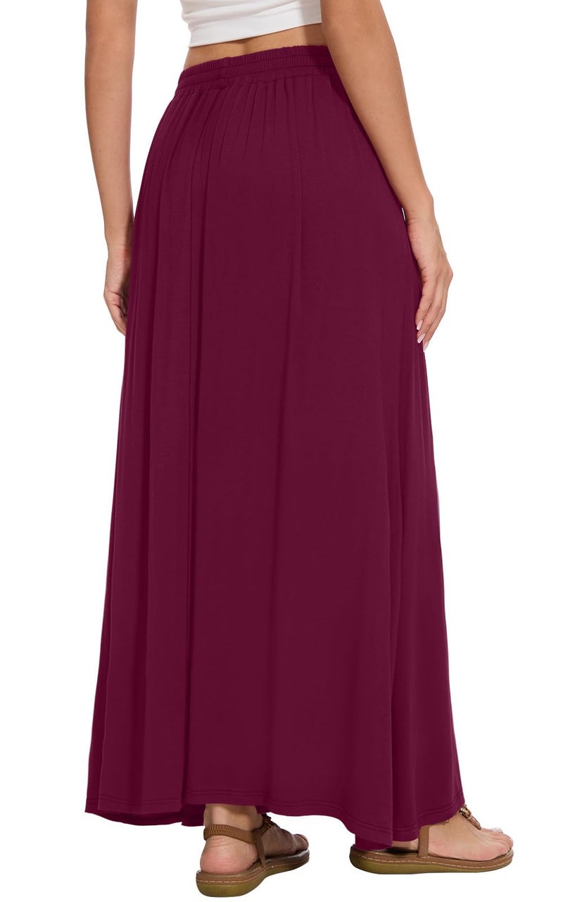 Leafsay Womens Maxi A-line Long Summer Skirt Elastic High Waist Flowy Skirt with Pockets(Wine,L) - Image 3