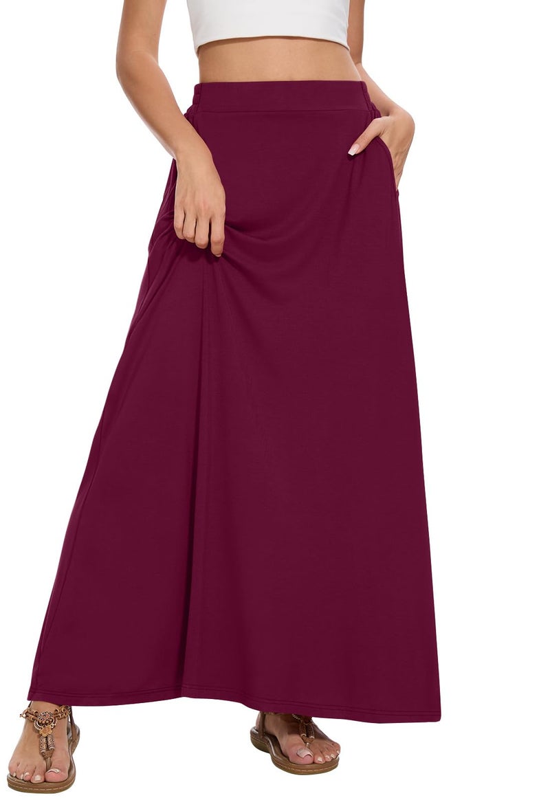 Leafsay Womens Maxi A-line Long Summer Skirt Elastic High Waist Flowy Skirt with Pockets(Wine,L) - Image 2