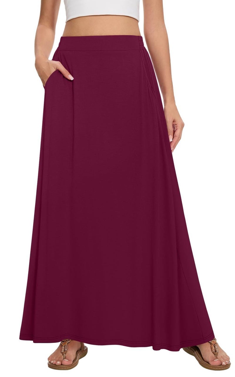 Leafsay Womens Maxi A-line Long Summer Skirt Elastic High Waist Flowy Skirt with Pockets(Wine,L) - Image 1