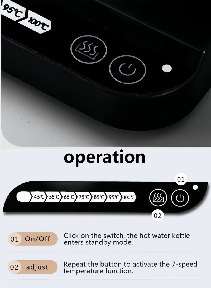 نيهاو غلاية متعددة الوظائف قابلة للانحناء V60، غلاية كهربائية، إبريق قهوة وإبريق شاي، سعة 1000 مل، قدرة 1000 واط، ضبط درجة الحرارة بعجلة، عزل تلقائي بدرجة الحرارة، مصنوعة من الفولاذ المقاوم للصدأ 304، مناسبة للاستخدام في المنزل والمكتب - باللون الأسود - Image 4