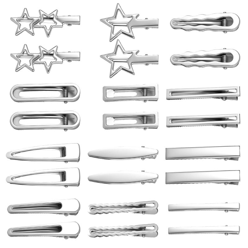 SynHHergyx 24 PCS Y2k Hair Clips Silver Hair Clips for Women, 12 Shapes Metal Silver Hair Accessories for Girls Star Hairclips Metal Barrettes Alligator Clips for Hair Styling Star Hairpin Cool Hairpin Set - Image 1