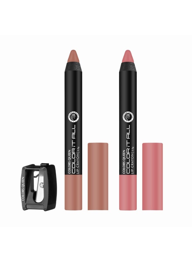 Colors Queen Color It All Long Lasting Crayon Lipstick 3.5g|Up to 18 Hours Stay | Lipstick Combo for Women | Matte Finish | Light Weight | Kiss Proof & Non-Transferable Lipstick ( Rusty Nude & Nude Bomb 3.5g ) - Image 1