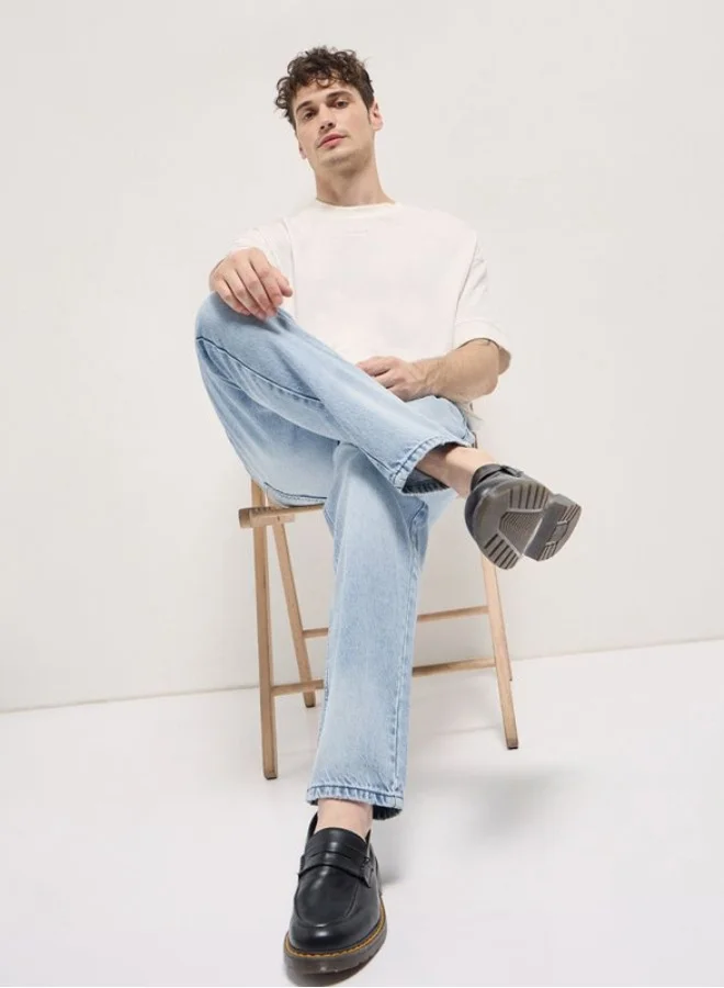 The Bear House  Men's Light Blue with Light Fade Distressed Patch Mid-Rise Relaxed Fit Jeans Classic Comfort With Modern Style, Perfect For Everyday Casual Looks And Effortless Streetwear Vibes for Men | Best Price UAE