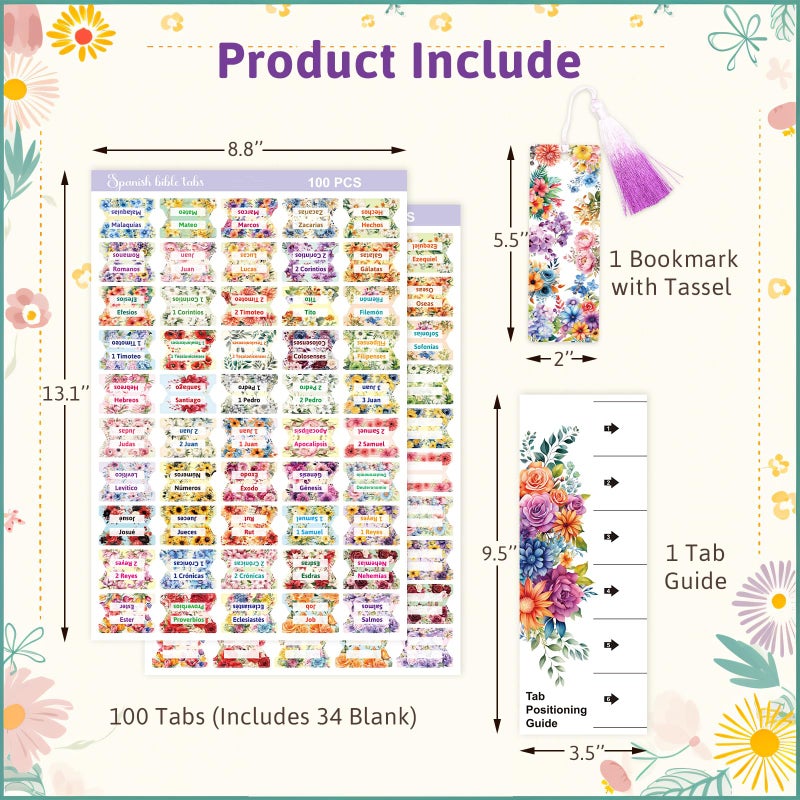 Ceiba Tree 100Pcs Spanish Bible Tabs Floral Design Laminated New and Old Testament Index Tabs for Chapters Journaling Accessories PestaÃ±as Separadores de la Biblia en espaÃ±ol Women Men Study Supplies - Image 2