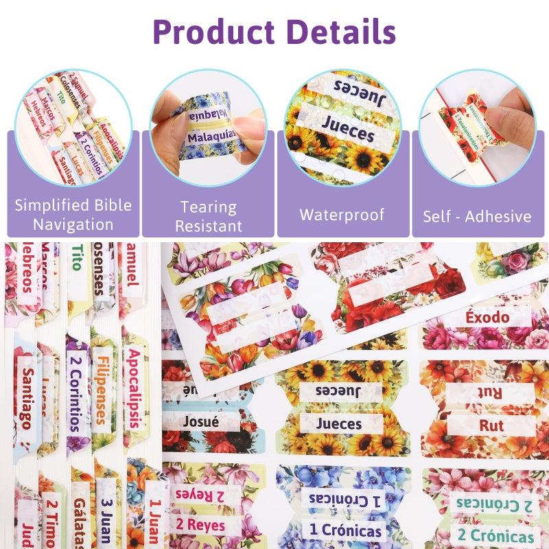 Ceiba Tree 100Pcs Spanish Bible Tabs Floral Design Laminated New and Old Testament Index Tabs for Chapters Journaling Accessories PestaÃ±as Separadores de la Biblia en espaÃ±ol Women Men Study Supplies - Image 3